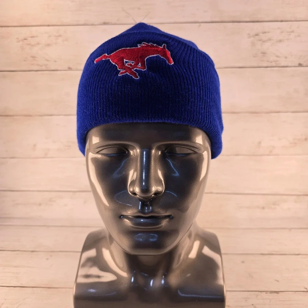 NWT SMU Mustangs Beanie Royal Blue Knit Cuffed Hat Red Mascot Logo One Size NWT
